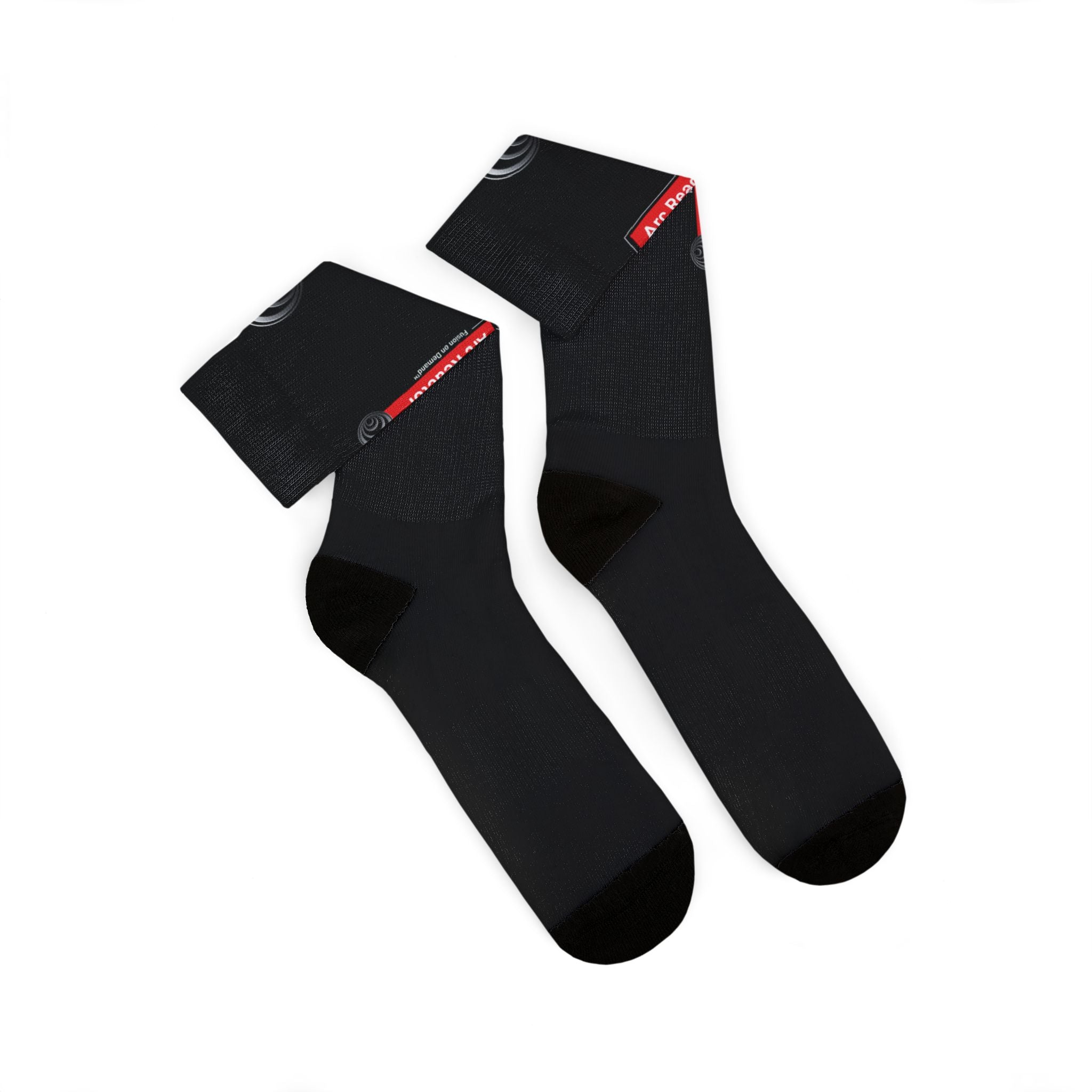 Fusion On Demand™ - Black Sublimation Socks with Minimal Red Label — Custom Printed Crew Socks