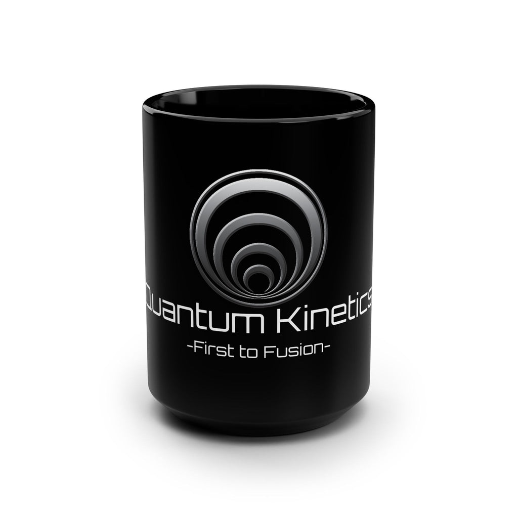 Quantum Kinetics Black 15oz Mug — 'First to Fusion' Science Logo Coffee Cup