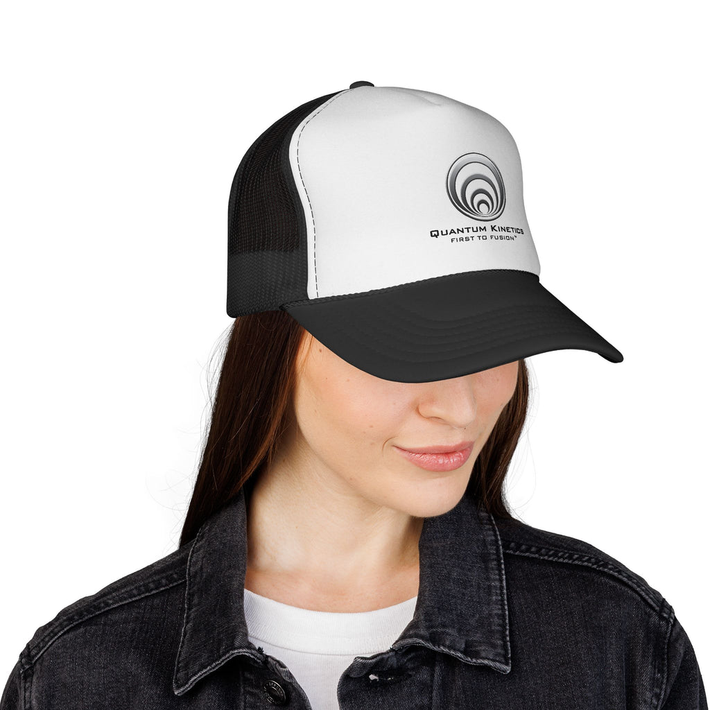 Quantum Kinetics Logo Trucker Cap — Retro Red, White & Blue Mesh Hat