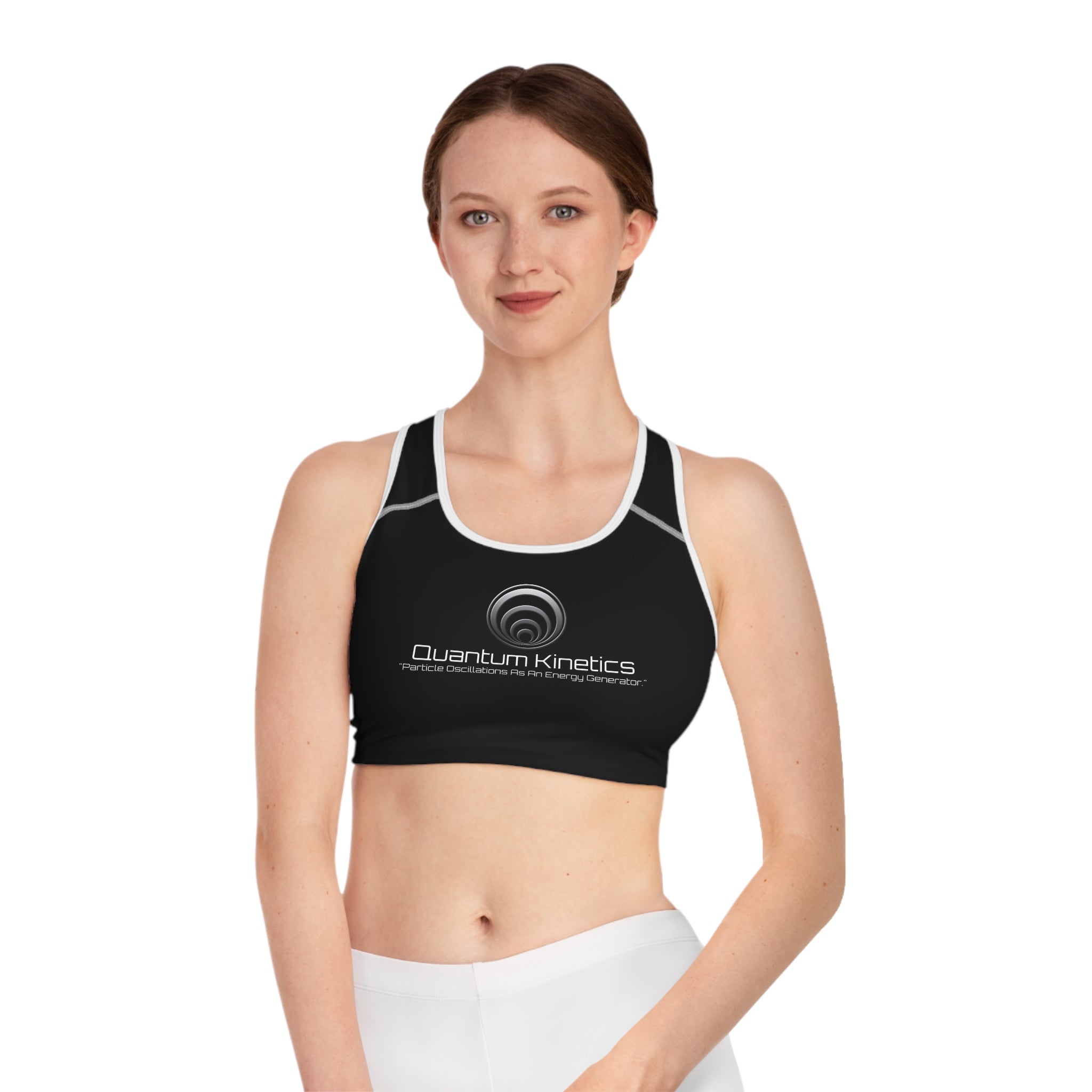 Particle Oscillations As An Energy Generator™ - Quantum Kinetics Logo Sports Bra — Black Performance Racerback