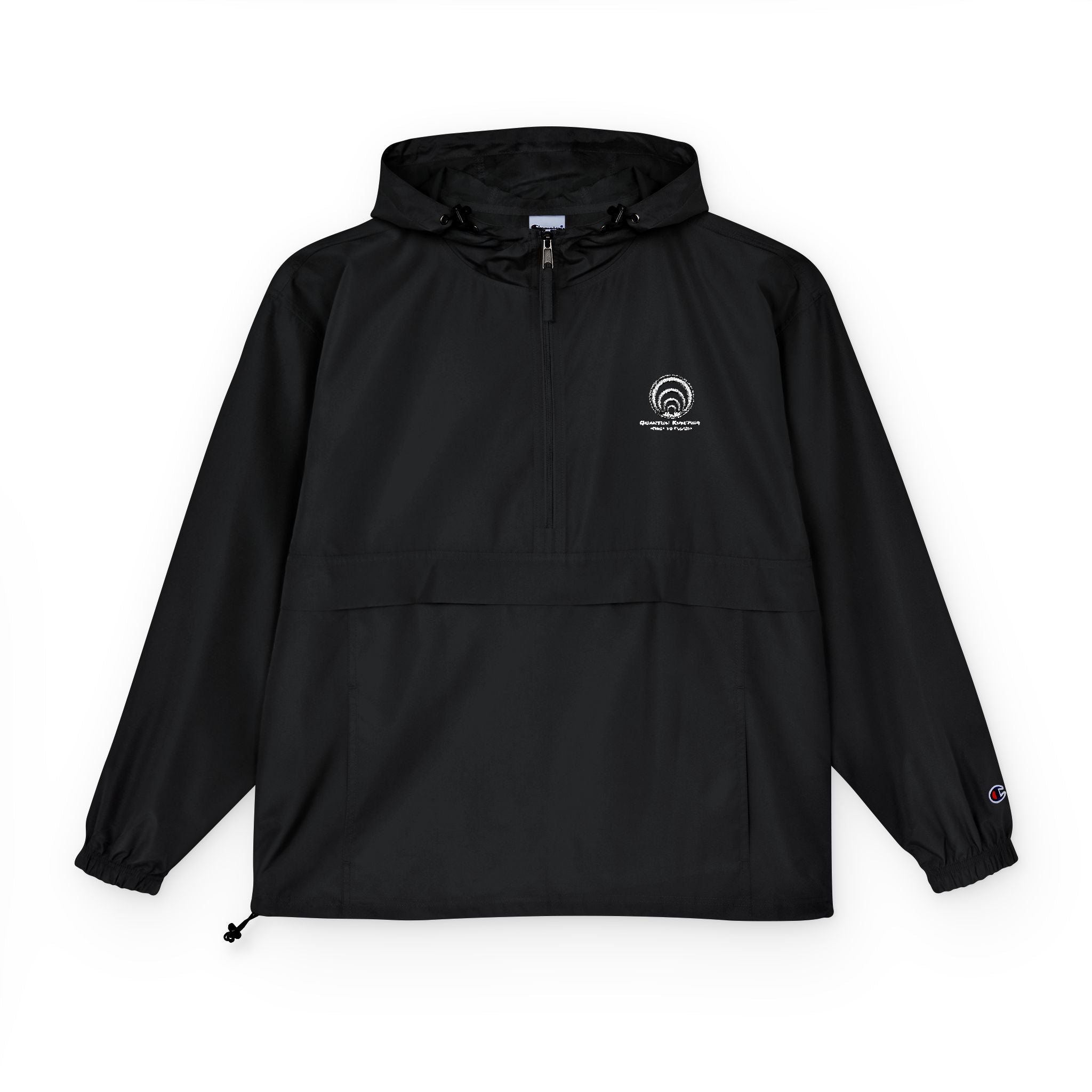 Quantum Kinetics "First to Fusion™" Anorak Jacket — Minimal White Crest Windbreaker Packable Hooded Pullover