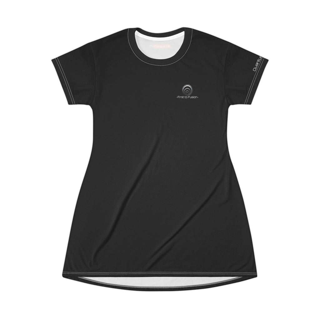 Quantum Kinetics - Minimal Black T-Shirt Dress with Subtle Chest Logo — Casual Everyday AOP Dress