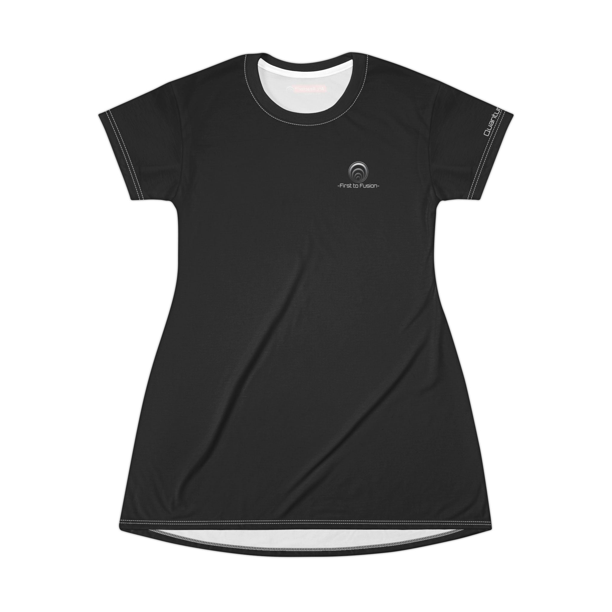Quantum Kinetics - Minimal Black T-Shirt Dress with Subtle Chest Logo — Casual Everyday AOP Dress