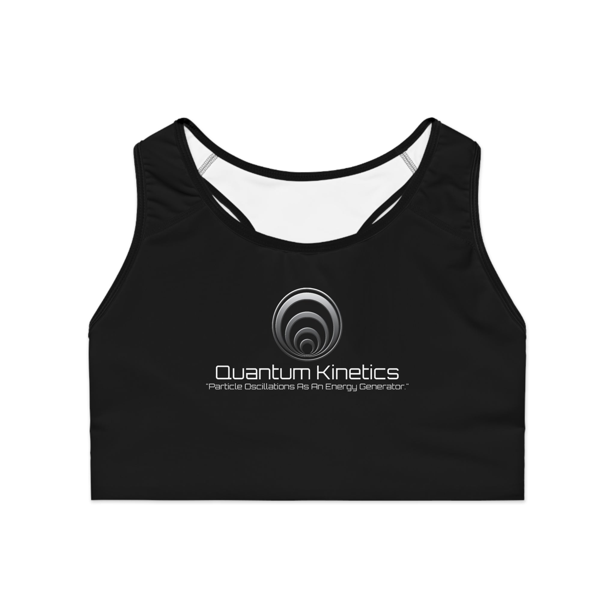 Particle Oscillations As An Energy Generator™ - Quantum Kinetics Logo Sports Bra — Black Performance Racerback