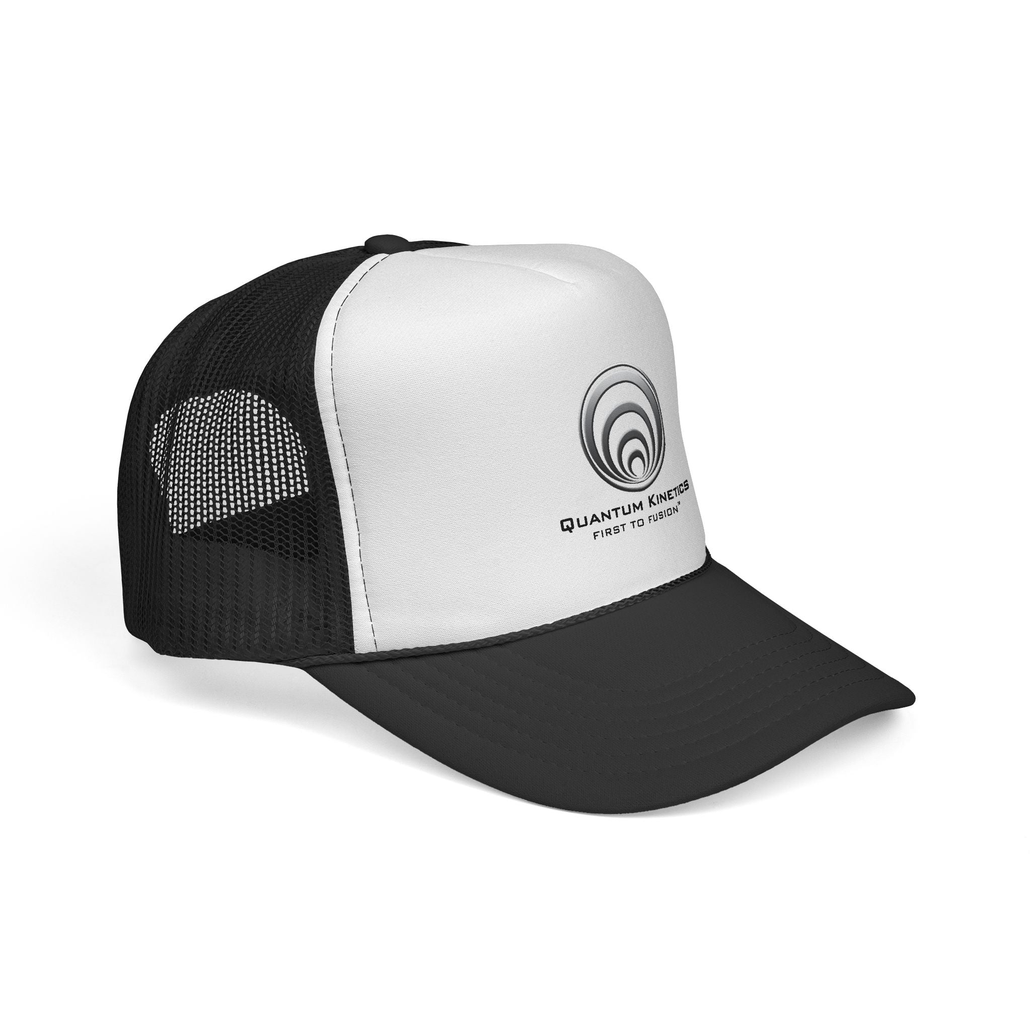 Quantum Kinetics Logo Trucker Cap — Retro Red, White & Blue Mesh Hat
