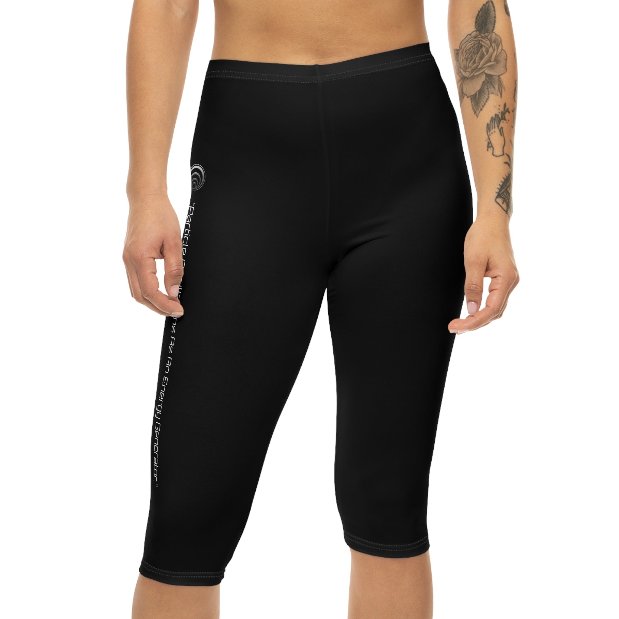 "Particle Oscillations As An Energy Generator."™ - Capri Leggings — Minimal Black Activewear with Subtle Vertical Text