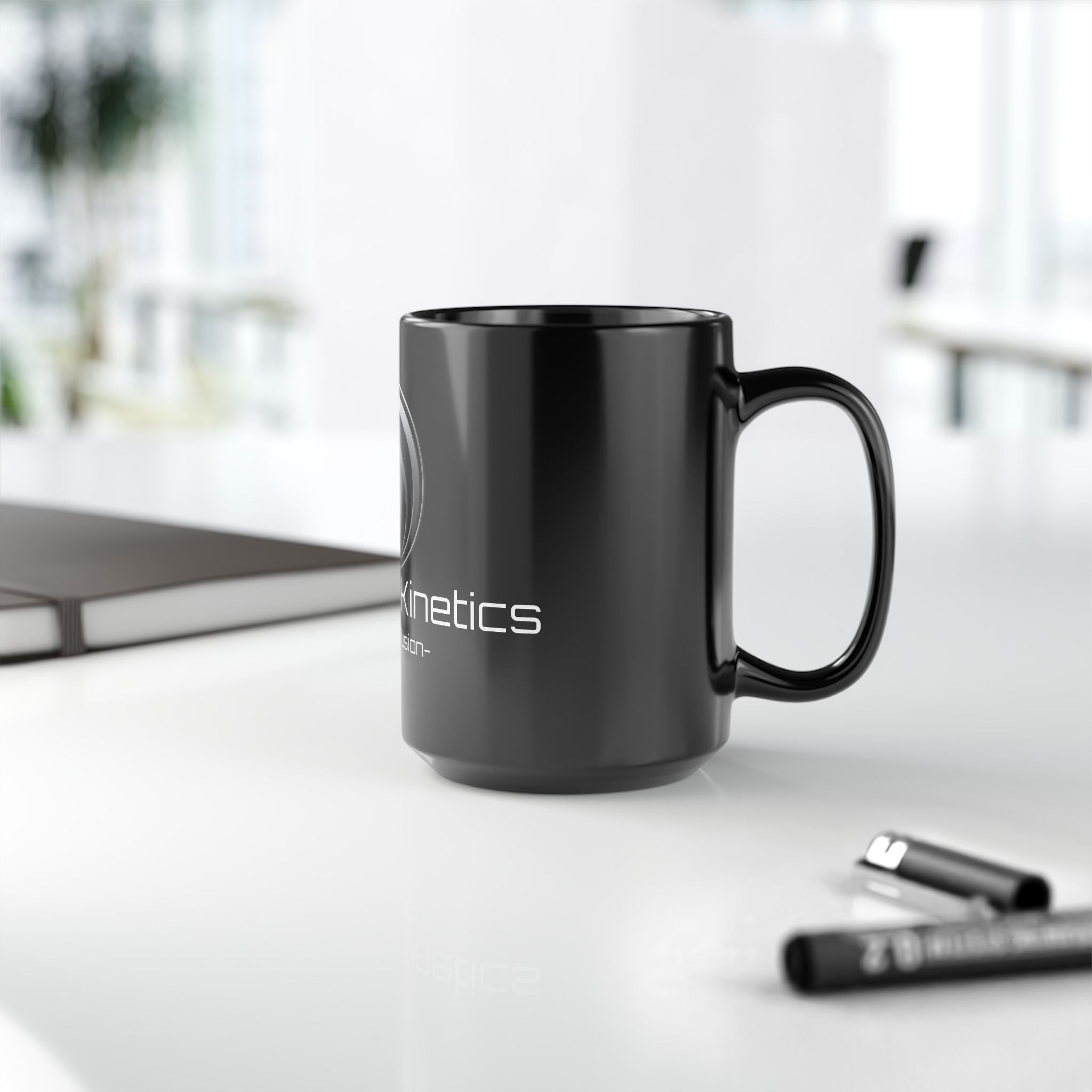 Quantum Kinetics Black 15oz Mug — 'First to Fusion' Science Logo Coffee Cup