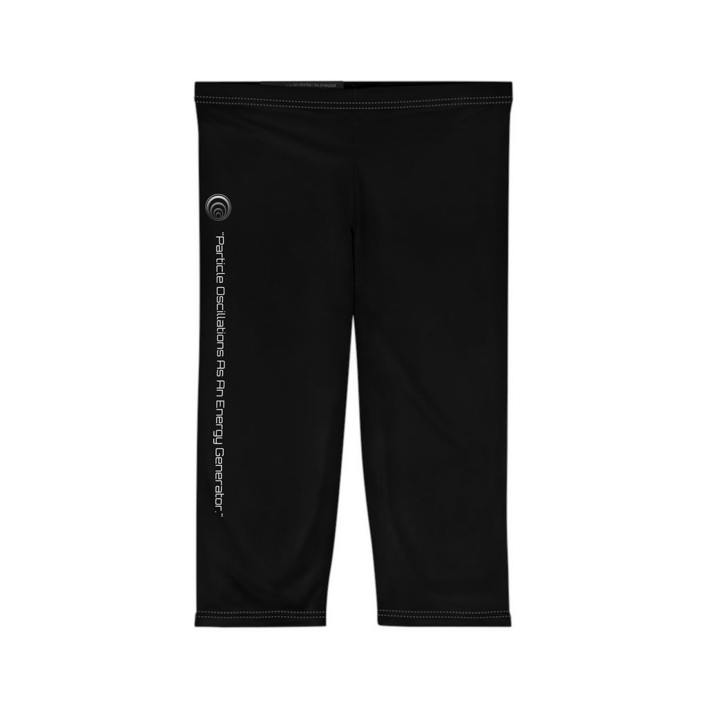 "Particle Oscillations As An Energy Generator."™ - Capri Leggings — Minimal Black Activewear with Subtle Vertical Text