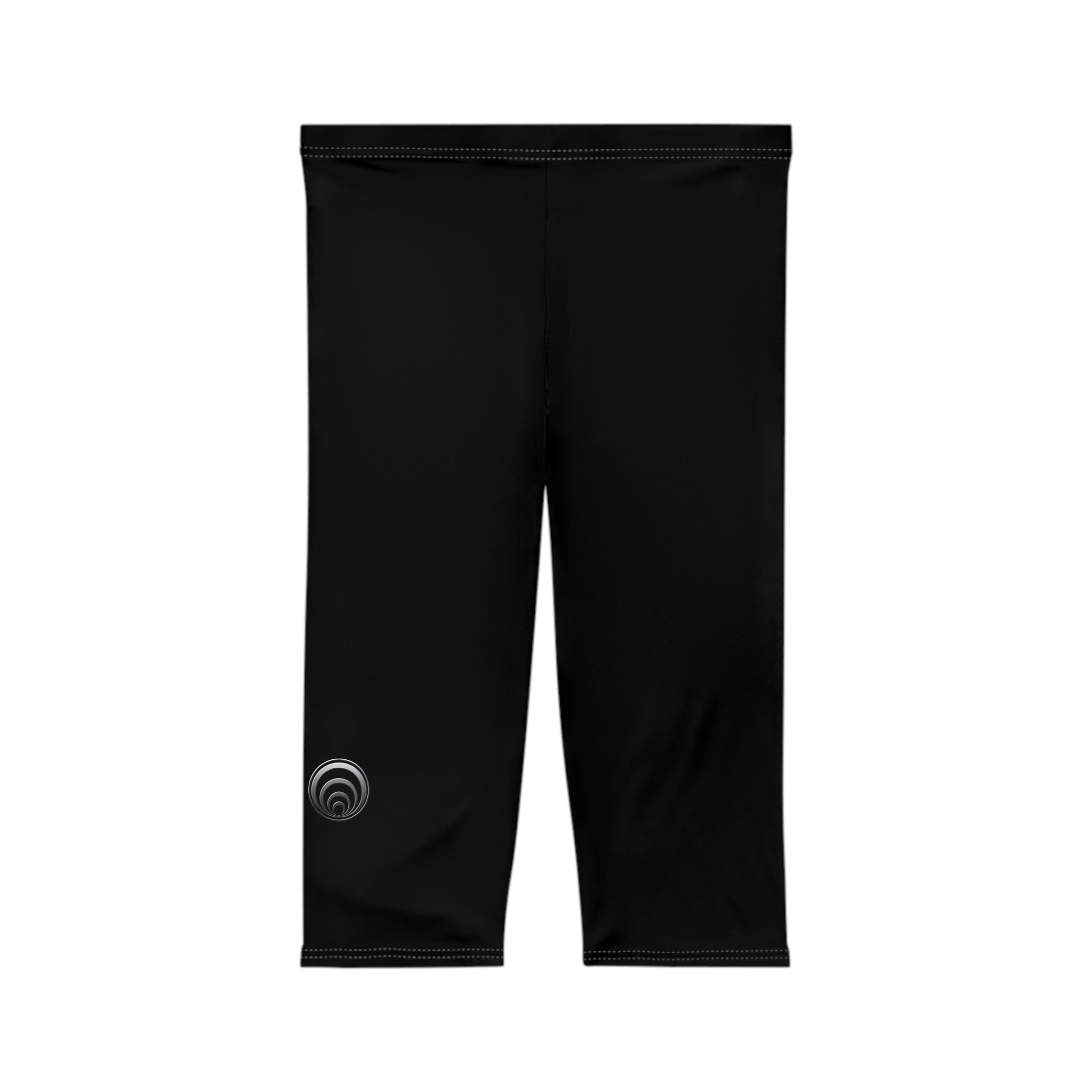 "Particle Oscillations As An Energy Generator."™ - Capri Leggings — Minimal Black Activewear with Subtle Vertical Text