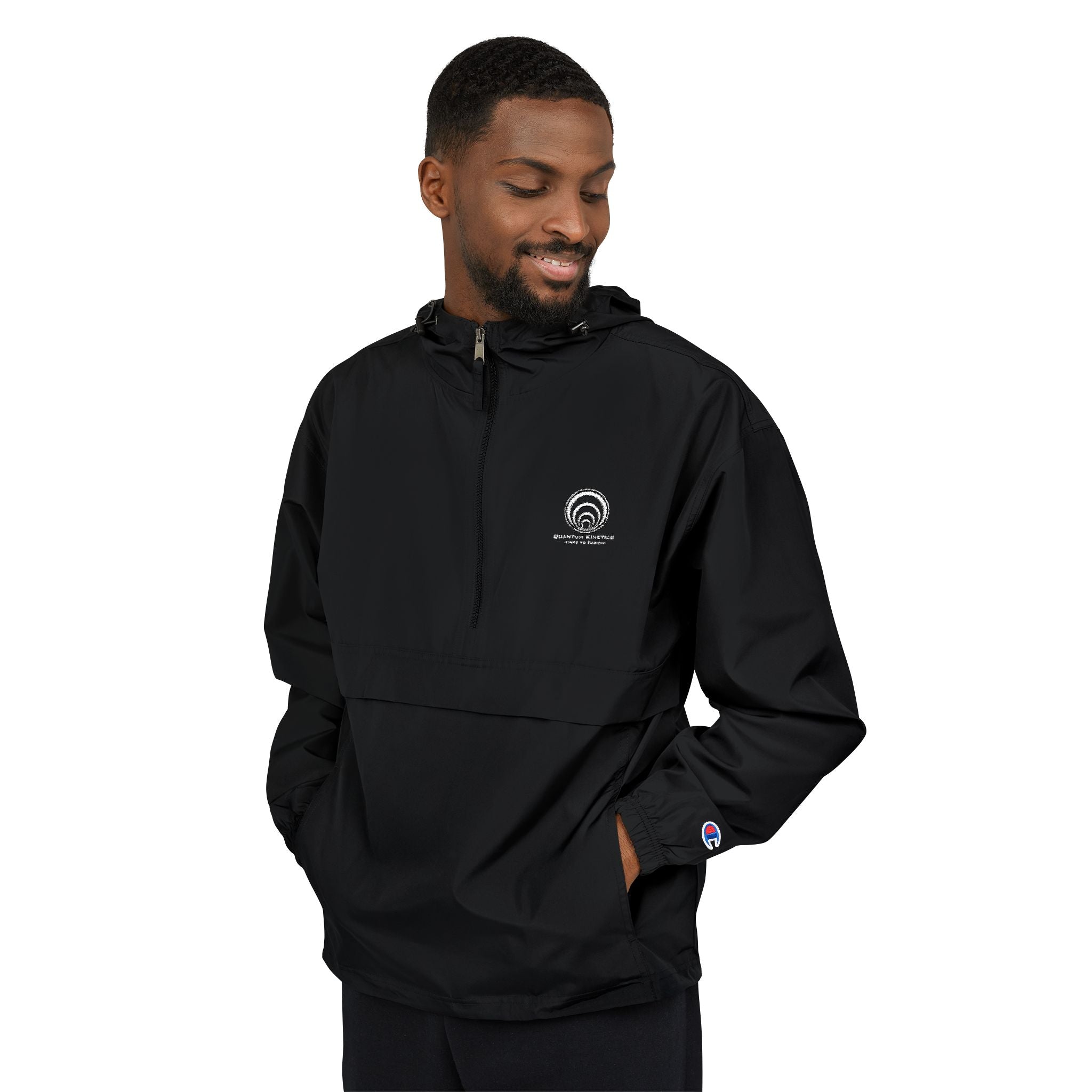 Quantum Kinetics "First to Fusion™" Anorak Jacket — Minimal White Crest Windbreaker Packable Hooded Pullover