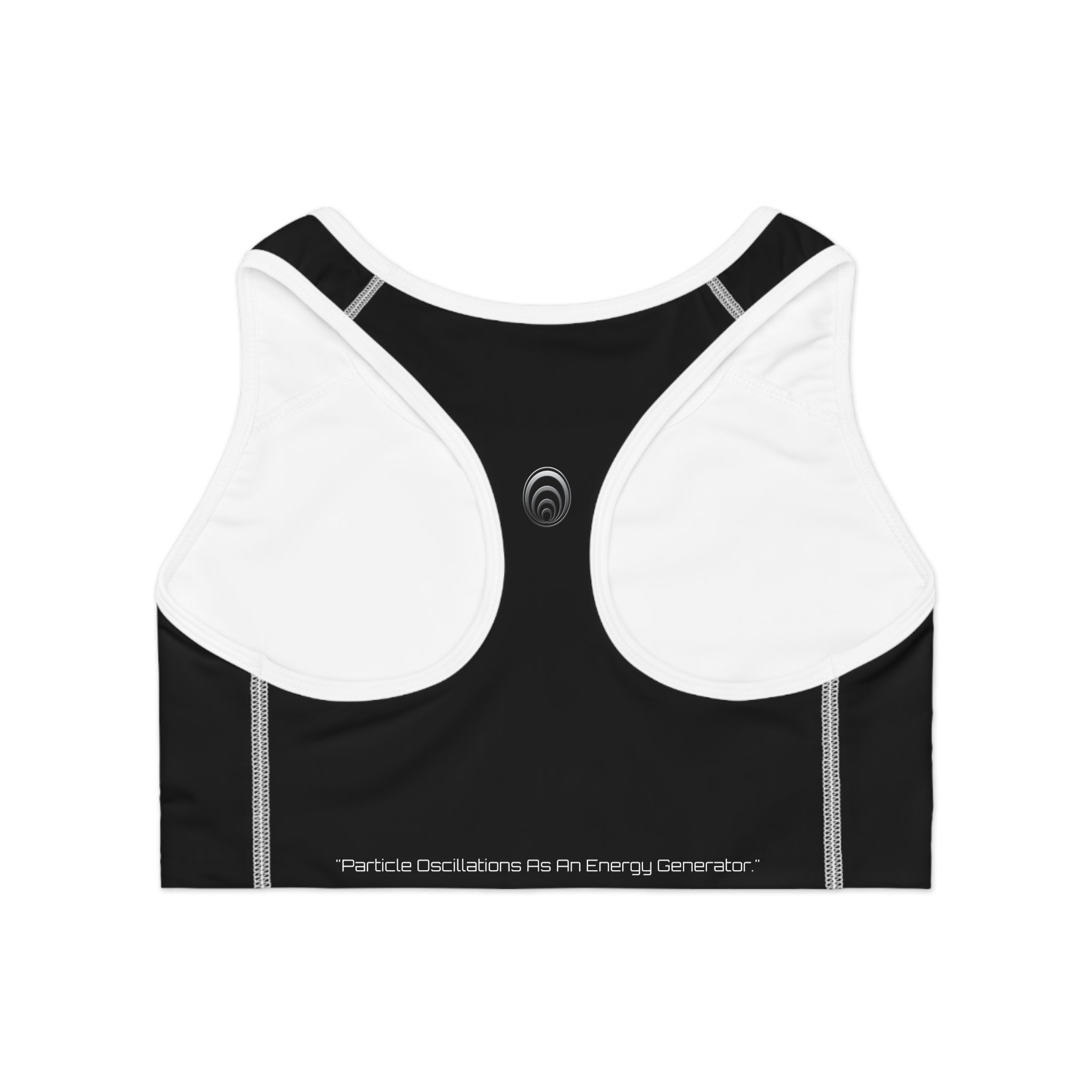 Particle Oscillations As An Energy Generator™ - Quantum Kinetics Logo Sports Bra — Black Performance Racerback