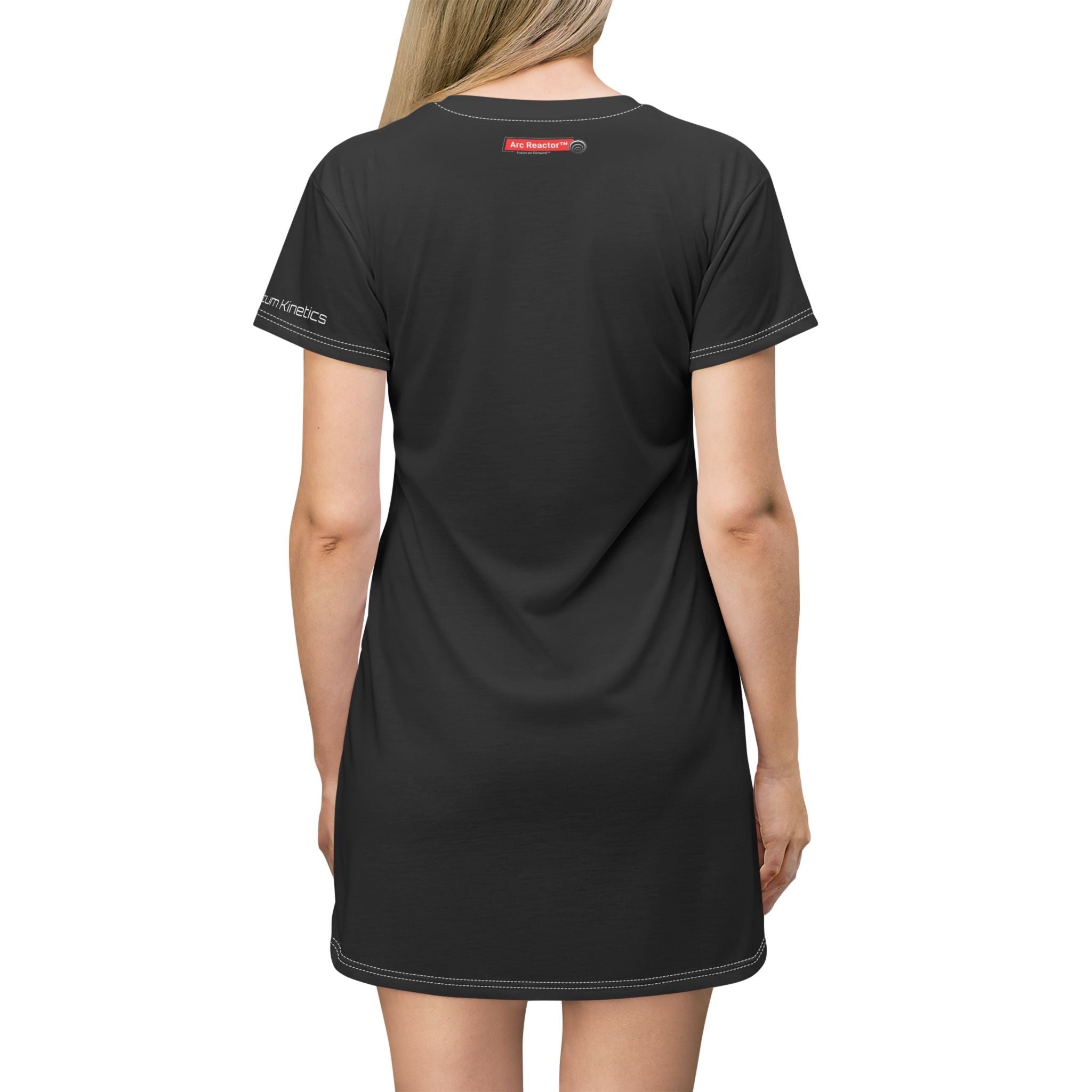 Quantum Kinetics - Minimal Black T-Shirt Dress with Subtle Chest Logo — Casual Everyday AOP Dress