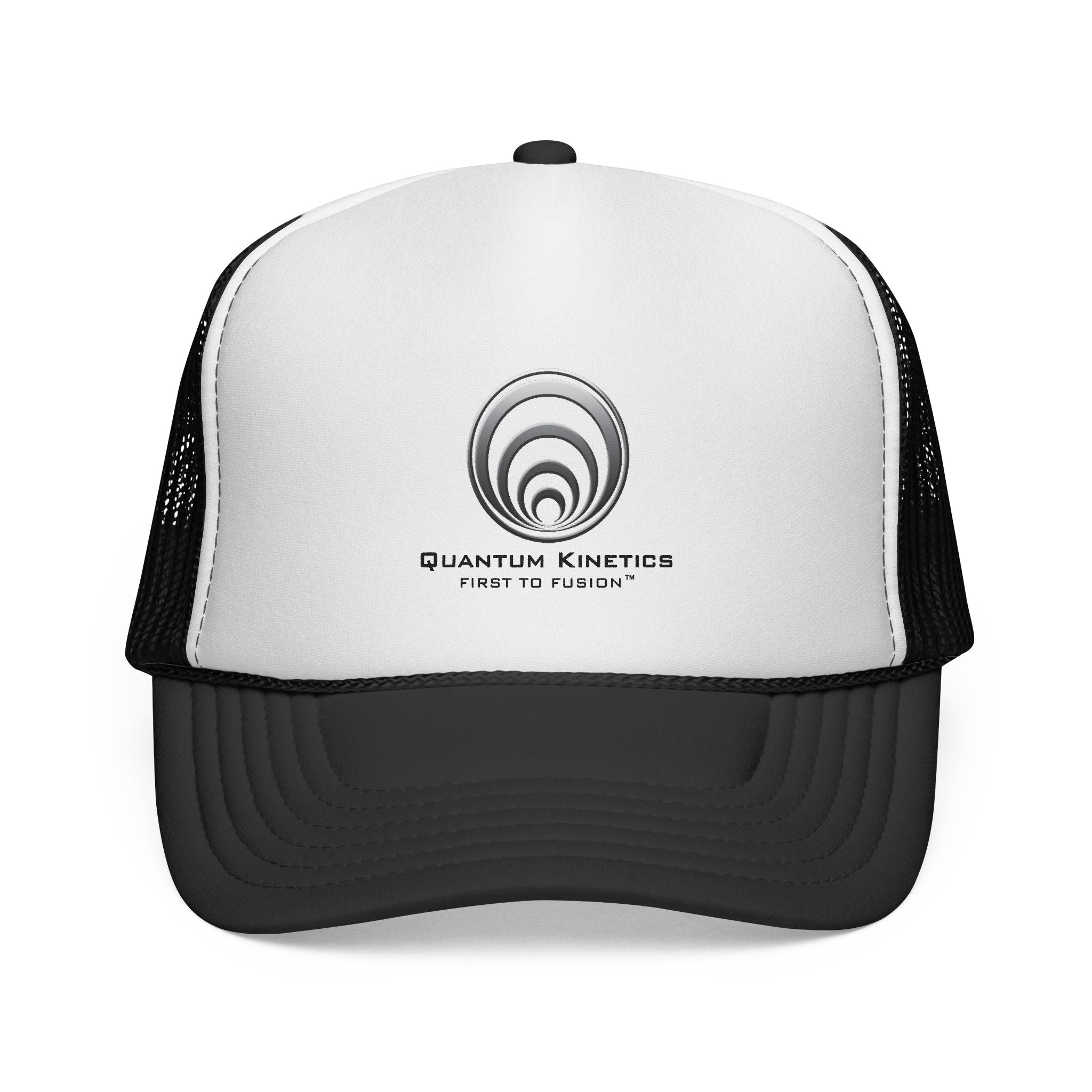 Quantum Kinetics Logo Trucker Cap — Retro Red, White & Blue Mesh Hat