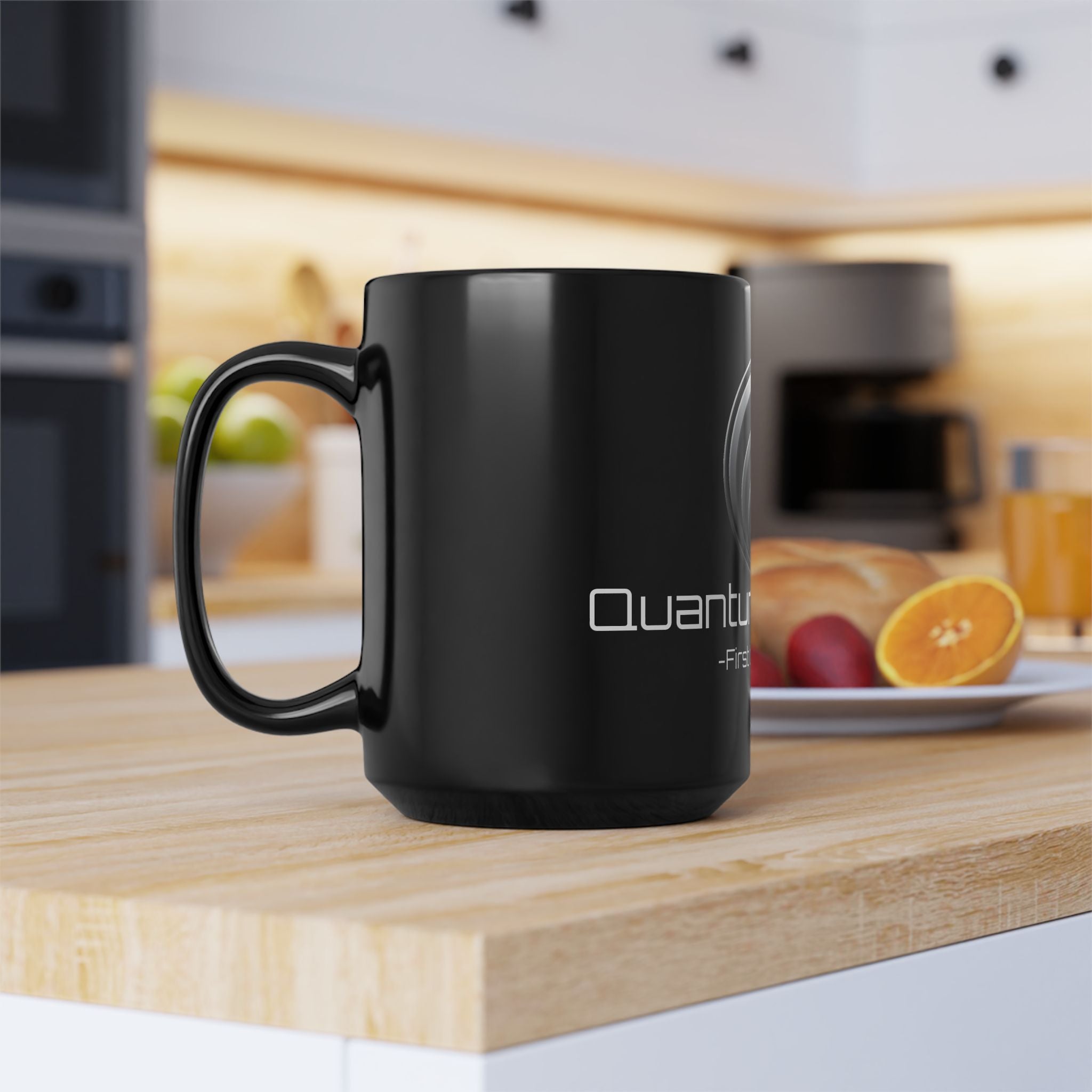 Quantum Kinetics Black 15oz Mug — 'First to Fusion' Science Logo Coffee Cup