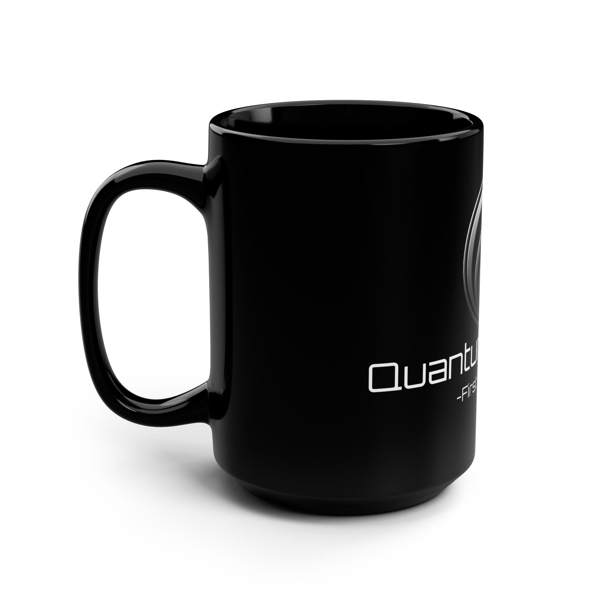 Quantum Kinetics Black 15oz Mug — 'First to Fusion' Science Logo Coffee Cup